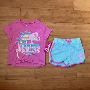 NWT Girls Size 5 Barbie Outfit - Pink Barbie Tee Top & Aqua pink Trimmed Shorts